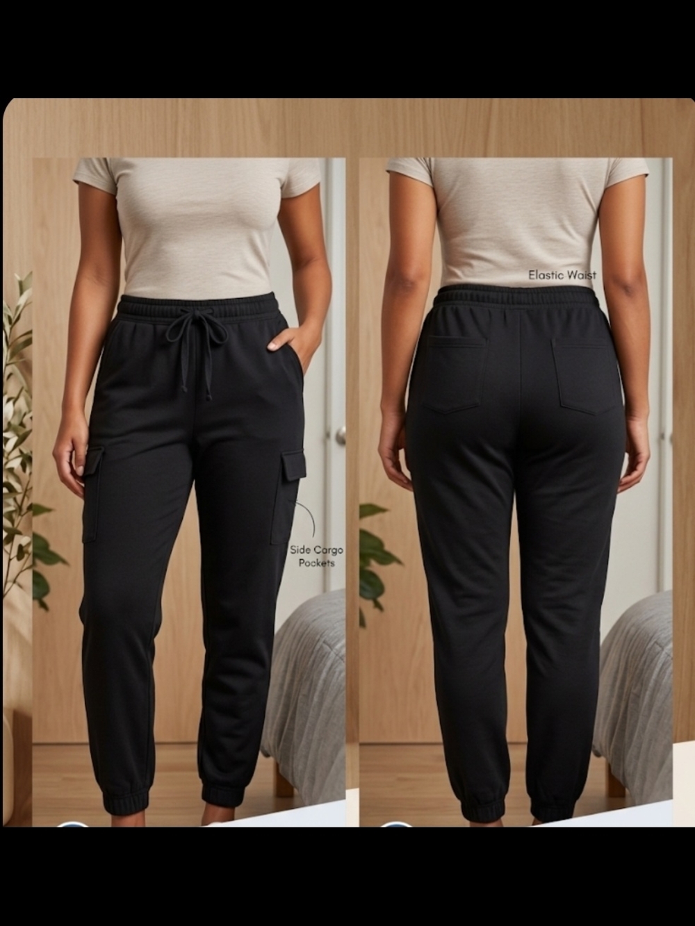 NOBO Black Cargo Jogger Pants W/Drawstring Women XL(15-17) High Rise